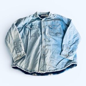 Vintage Cactus Shacket Denim Blue Flannel Fleece Lined Button Up Jacket Size XL